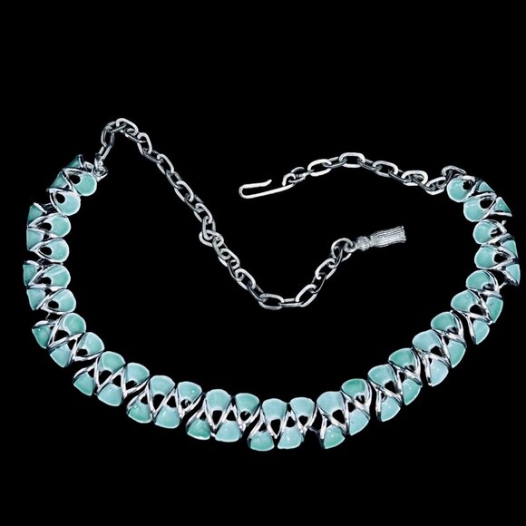 Vintage Silver Tone And Green Enamel Choker Necklace (5305) - Picture 6 of 7